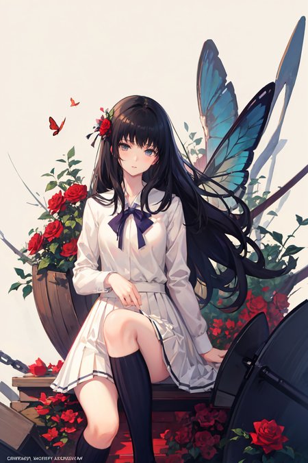 touko, 1girl, solo, flower, skirt, school uniform, rose, butterfly, bug, red flower, kneehighs<lora:touko:1>