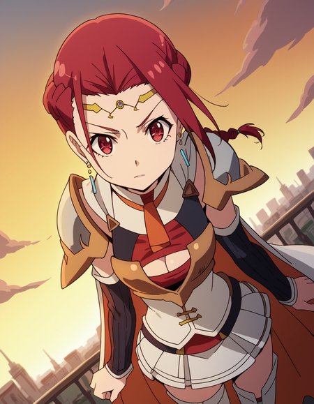 score_9, score_8_up, score_7_up, source_anime, <lora:pina-co-lada-s1s2-ponyxl-lora-nochekaiser:1>, pina co lada, short hair, red eyes, red hair, braid, single braid, braided ponytail, medium breasts,, skirt, thighhighs, cleavage, jewelry, earrings, detached sleeves, cape, armor, cleavage cutout, circlet,, rooftop, sunset, cityscape, quiet moment, wind blowing, contemplative, , looking at viewer, from above,, solo,, cowboy shot, dutch angle