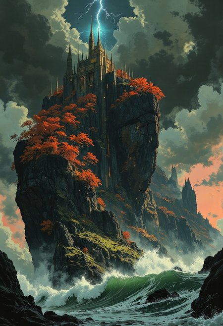 A towering, jagged island rises sharply from the ocean, crowned with a golden-roofed cathedral at its peak. Vibrant red and orange trees cling to the rocky cliffs, contrasting against lush green foliage scattered across its surface. Waves crash dramatically against the dark stone base, sending foamy sprays into the air. The sky above is an intense mix of swirling storm clouds and a vivid blue lightning strike, illuminating the scene with a dramatic glow. In the distance, the horizon fades into soft hues of pink and orange as the sun sets, casting a warm, ethereal light over the entire landscape. The scene is dynamic and full of energy, blending the power of nature with a sense of divine mystery.
Key Elements to Highlight:
Island Features: steep, rocky cliffs; vibrant red-orange foliage; contrasting green patches
Architecture: golden-roofed cathedral, intricate spire, mystical and grand
Ocean: crashing waves, foamy white details, dynamic water movement
Sky: dramatic storm clouds, vibrant blue lightning, soft sunset hues
Atmosphere: majestic, dramatic, mystical, energetic