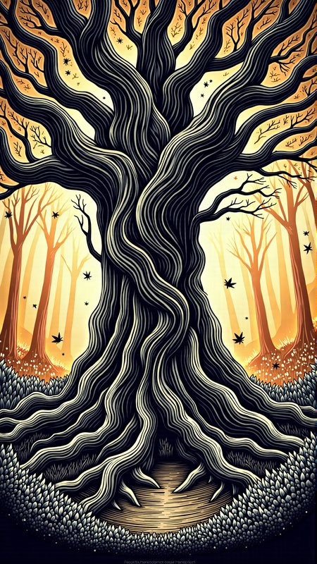 monochrome, lineart, dark, horror, Ancient tree, secrets, Warm hues, Golden light, Tree trunk, Gnarled, Branches, Twisted, Leaves, Autumn colors, Foliage, Forest floor, Dappled light, Magical atmosphere, Whimsical, Detailed, Soft brush strokes, Vibrant, High contrast, Colorful, Landscape, Serene, Calm, Peaceful, Enchanting, Storybook, Charming, Idyllic, Secluded, Isolated, Nature<lora:vorticaFlux:0.65>