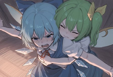 best quality, hires, thick outlines, sketch, thick outlines,
cowboy shot, from above,
2girls, multiple girls, 
cirno:1.2, 
protecting, v-shaped eyebrows, angry, crying with eyes open, spread arms, closed mouth, ice wings, 
BREAK
daiyousei:0.8, 
injury, closed eyes, open mouth, (crying), sad, hug from behind,