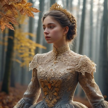epiCRealism, masterpiece, highly detailed, one girl in a extremely detailed Victorian dress, lace and embroidery with golden leaves and pearls, hair made in a high bun, she walks alone through a late autumn forest in a cold morning, the Sun has just risen and timid sun-rays pierce the autumn leafs and reaches the early mist that clings to the earth, time stands still while  early snowflakes falls from a grey sky