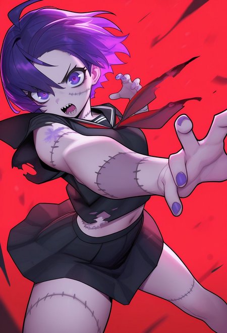 CuteToon_ST, masterpiece, best quality, very aesthetic, high resolution, ultra-detailed, absurdres, newest, detailed eyes, beautiful, perfect lighting, hi res, amazing quality, very awa, painting_(artwork), dynamic lighting, dynamic angle, dynamic pose, cinematic, gorgeous, 1girl, open mouth, zombie, sharp teeth, military uniform, purple eyes, torn clothes, short hair, stitches, neckerchief, purple hair, sailor collar, navel, black skirt, red background, nail polish, ahoge, torn shirt, fingernails, antenna hair, midriff, looking at viewer, purple nails, black serafuku, blood, black shirt