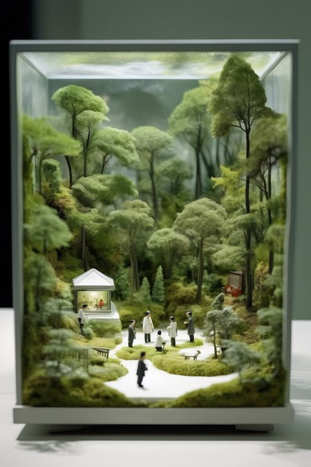<lora:Diorama:1>Diorama - Miniature forest garden in a dreamy fashion of Isaac Julien's artistry depicting everyday life moments by Stephen Shortridge Harue Koga's lightbox and isolated figures