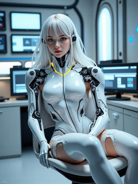 photorealistic depiction of a female cyborg in a pristine, high-tech laboratory, surrounded by futuristic equipment and glowing monitors displaying complex data. She is in the process of having her mechanical components examined or upgraded, with robotic arms and tools delicately interacting with her. Her serene expression and calm demeanor contrast with the precision and complexity of the machinery around her. Focus on the detailed mechanical components of her body, intricate robotic hands, the clinical, high-tech environment, and the subtle interplay of human and machine elements.

a subtle, integrated communication system in her head or neck, with tiny speakers and microphones for direct interaction.a form-fitting, adaptive fabric bodysuit that covers parts of her body, adjusting its texture and rigidity based on her needs.Introduce subtle, bioluminescent vein-like structures that run through her mechanical components, pulsing gently with a soft glow.Integrate glowing, circuitry-like patterns onto her metallic parts, that light up and pulse.

 Sitting on a comfortable futuristic ergonomic chair, knees drawn up to her chest, arms wrapped around her legs, expression contemplative, looking at viewer 