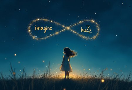 An orphaned girl stands barefoot on a grassy hilltop under a vast starry sky. Her gaze is filled with wonder and hope as she looks up at the twinkling stars. The night sky is a deep, velvety blue, with star constellations subtly forming the words "imagine" and "buZz" in faint, almost hidden handwritten lettering. A infinity sign made of shooting stars is including the two words. The girl’s dress flutters gently in the breeze, and her hair cascades down her back. Fireflies dot the scene, adding a magical glow around her, blending into the serene night