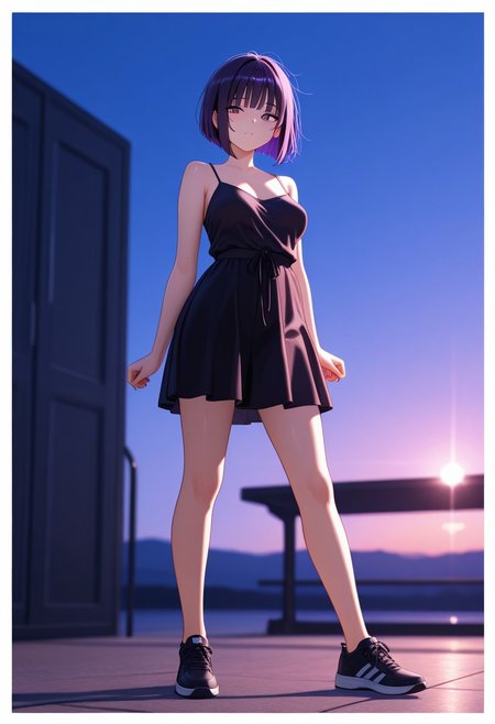 Score 9, Score 8, Score 7, Masterpiece, High Quality, Good Quality, Latest Model, High Resolution, Absurd, ((White Border)), Cinematic Lighting, High Contrast (Edge Light: 0.6), Dynamic Vision, <lora:illustriousXL_stabilizer_v1.23:0.3> <lora:NOOB_vp1_detailer_by_volnovik_v1:0.3> <lora:ponyv6_noobE11_2_adamW-000017:0.45> <lora:checkpoint-e18_s306:1.5> <lora:haiz_ai_illu:0.7>, Vibrant Colors, Bright Color, Dynamic Colors, Colorful Image, High Contrast, Saturated Colors, Thick Line, Bright Colors, Good Lighting, Color Saturation, Masterpiece, Best Quality, source_hentai, 
Medium close-up,solo,1girl,
Detailed face, pretty face, dark purple hair, short bob haircut, messy hair, unruly hair strands, saggy breasts (medium breasts), tired eyes, bright purple eyes, modeling, outdoors, ((sunny day)), sunglasses, black spaghetti strap blouse, black short skirt, black sneakers, duck face, full body,