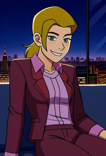 ((flat colour, solo,)) 1girl, CHAdora, ADOHair Style, blond, blue eyes, (((wearing CAMaroon Blazer and Purple Under Shirt))), beautiful, adult, solo, medium breasts, sitting, sofa, window, night view, cityscape, bedroom, lamp, indoors, smile,