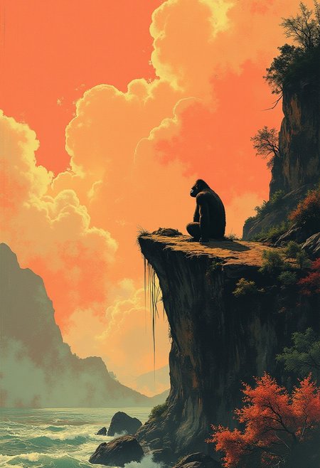 Dunhuang Art, minimalism illustration, mural art, an gorilla sitting on the Edge of a Cliff right in Front of the sea, perfectly interwoven curves, chinese ink style, chinese freehand style, frosted texture, black pink orange color scheme,  ripples of color diffusing, printmaking style, layered curves, rich color, made of transparent frosted glass, simple background, bright environmental lighting, warm and shining tone, capillary phenomenon, diffraction, total internal reflection