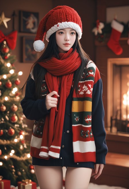 1girl,,ruanyi1386,beanie,multicolored clothes,red scarf,christmas,standing,thigh gap,christmas tree,blurry background,striped clothes,<lora:1386 christmas_v1_pony:1>, score_9,score_8_up,score_7_up,,8k,solo,,