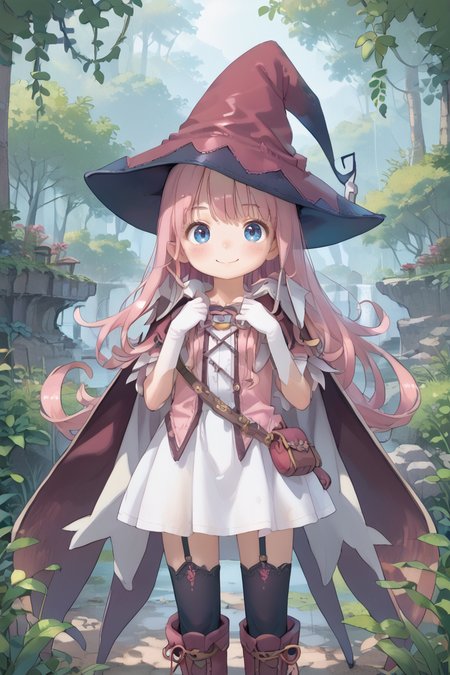 score_9, score_8_up, score_7_up, score_6_up, source_anime, BREAK, <lora:Pamela:0.75> pamdef, 1girl, pink hair, long hair, blue eyes, witch hat, white skirt, witch outfit, white elbow gloves, cape, black zettai ryouiki, thighhighs, garter straps, boots, cowboy shot, looking at viewer, smile, happy, scenery, exterior, outdoors, forest, jungle,  <lora:backgroundsetXL:0.3> , background,  <lora:ExobeloStyle:0.5>