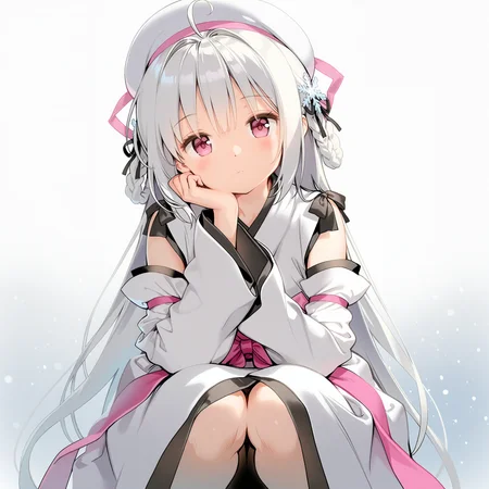 <lora:AnmiStyle_n16c16_nai_Loha-000028:1.5>,AnmiStyle,
<lora:Yuuki_2_nai_7:0.8>,Yuuki,hair rings,braid,snowflake hair ornament,black ribbon,pom pom hair ornament,
white beret,hat ribbon,pink ribbon,detached sleeves,japanese clothes,long sleeves,wide sleeves,kimono dress,white kimono,pink sash,black bow,layered kimono,
1girl,solo,expressionless,squatting,front view,looking at viewer,straight-on,snowing,white background,head tilt,head rest,