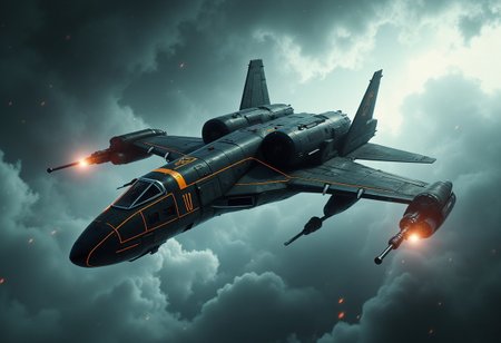Wide view, futuristic, Sci-fi cinematic scene. Dramatic storming sky background. Armored heavy transport aircraft flying through, with guns. wandering through sky, Golden runes and cybernectic line decorate, Grimmdark, mechanical. (Ultra-realistic, 32k, Masterpiece, High Quality, Detailed Realistic Background, Official Art, Realistic Lighting, filmfotos, film grain, reversal film photography).