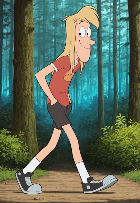 masterpiece, best quality, amazing quality, detailed background, intricate details, dynamic, cinematic, animated, anime realistic shading, solo, male focus, 1boy, handsome, robbi3, le3, blonde hair, long hair, black eyes, half lidded eyes, smile, red shirt, black shorts, white socks, black shoes, male focus, walking, hands on pocket, forest background,