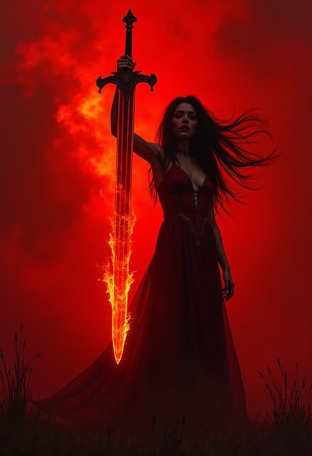 Beautiful female vampire knight slaying a gigant dragon with fiery sword piercing its belly with fiery sword, epic scene, woman triumphs over dragon, legendary image, high fantasy, horror • overlay red, high contrast, deep shadows, surreal, creepy ultra detailed, lyrical, darkness, things, suspenseful. • high red contrast, deep red shadows, red landscape surreal. scifi, film grain texture noise ,analog photography aesthetic. 