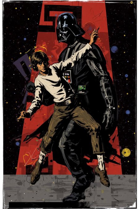 poster illustration. Luke Skywalker dancing with Darth Vader inside the Death Star. <lora:posterillustration_cap_d8a4e11:1.0><lora:846183375925519586:0>