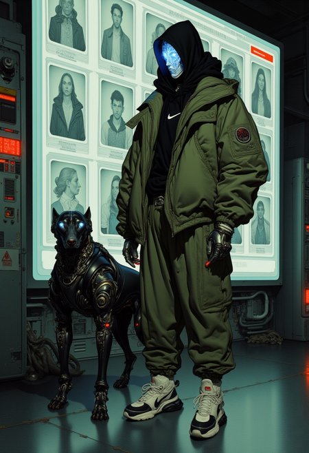 (ArsMJStyle, Colored pencil hyperdetailed realism,) A highly detailed digital illustration in fantasy art depicts a man and a robotic dog in a cyber-noir setting, standing in front of a massive digital screen displaying high-resolution images and biometric data of wanted criminals, flickering as new profiles appear. The man wears an olive-green puffy jacket reinforced with cybernetic plating, neon circuitry glowing along the seams, and the Nike swoosh subtly integrated into the futuristic design. His matching olive-green pants have metallic accents and fiber-optic threading, slightly baggy but structured, paired with white, high-tech sneakers featuring self-tightening straps and illuminated soles. His black hood, reinforced with an armored exoskeletal framework, conceals most of his face, while a sleek cyber-mask with an iridescent digital display covers his lower face, adding an enigmatic presence. Beside him, a robotic dog with a matte-black metallic body stands alert, its angular frame reinforced with cybernetic joints, its red eyes glowing ominously as it scans the environment. A low hum vibrates from its core, hinting at raw power. The environment fuses futuristic and industrial aesthetics, dim neon lighting casting moody reflections over steel-paneled walls, and floating holographic interfaces illuminating the polished floor, enhancing the dystopian, high-tech atmosphere filled with mystery, tension, and cybernetic precision.