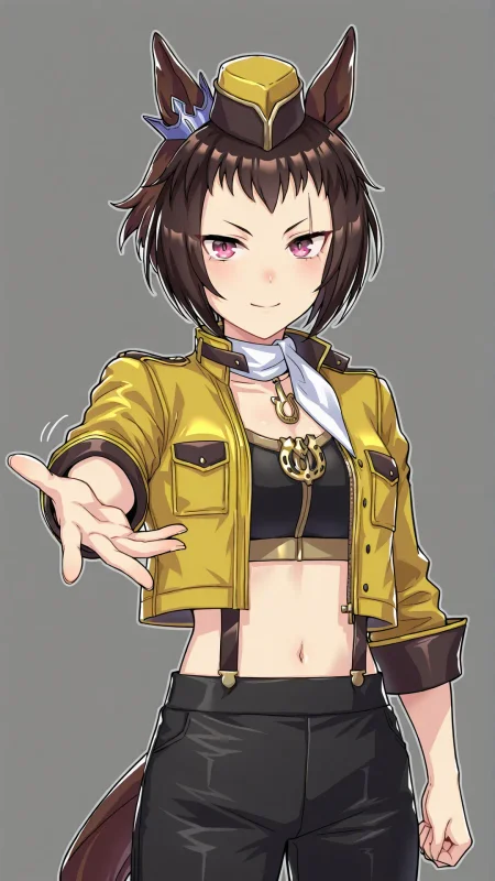 1girl,byerley_turk \(umamusume\),brown hair,short hair,ear ornament,hair between eyes,horse girl,horse ears,horse tail,scratching cheek,hat,jacket,pants,black pants,midriff,white scarf,<lora:byerley_turk:0.8>,cowboy shot,smile,simple background,outstretched hand,pose,
