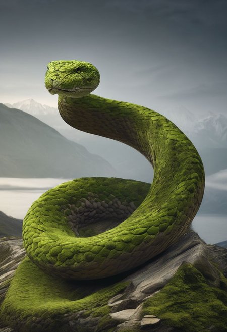 masterpiece, the highest quality,earth element,earth snake,big snake,plain,moss.stones