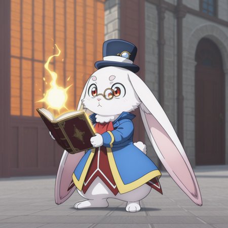 masterpiece, best quality, amazing quality, emulslfILv2, semi-anthro, female, rabbit, white fur, reddish orange eyes, dark blue top hat, red dress white trim, blue jacket yellow trim, red ascot, gold Monocle, holding out glowing book, outside