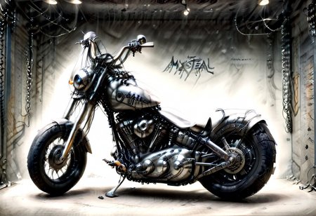 Ultra realistic with high quality and ultra details with excellent focus and contrast, photorealistic image style, ultra realism, high resolution of 1 object rocker motorcycle, mystical and fantastic style, chains attached to it, engravings with elements characteristic of rock metal style music, ((outlined with elements of metal style music))