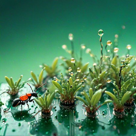 Detailed macro shot, double exposure,  miniature plants sprouting from circuit board, ants and beetles as electronic components, sparkling dewdrops, intricate, hyperrealistic, shallow depth of field, cinematic lighting