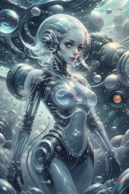 sci-fi style at distance,cowboy shot,posing,flirting,(playful gaze, smirking,radiant smile:1.1),1girl,<lora:BubblyTech:0.7>,bubblytech,transparent,iridescent,see-through,inflated,<lora:transparent_body_lora01:0.5>,transparent body,underwater,(see-through hemlet:1.3),<lora:Concept_-_Hella-sthetic_v2:0.7>,, intricate, elegant, highly detailed, symmetry, magical atmosphere, sharp focus, majestic, very coherent, radiant, advanced, cinematic, artistic, fine detail, winning, beautiful, stunning, dramatic light, designed, rich deep colors, perfect professional background, ambient, tailored set composition  . futuristic, technological, alien worlds, space themes, advanced civilizations