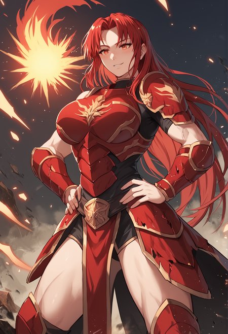 score_9,score_8_up,score_7_up,score_6_up, solo,1girl, red hair, long hair, red hair, red eyes, large breasts, parted bangs, bangs, red armor, muscular, huge, cowboy shot, ultra detailed, intricate details, outdoors, destroyed planet, particles, chaos, flames, explosion, hand on hip, standing, hand in hair, smile, blush, leg apart,, nuk0m4j1n,  <lora:NUKO_MAJIN_Style:0.81>