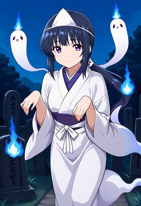 1girl, solo, moegikagaminori, black hair, blue hair, purple eyes, ponytail, temple, looking at viewer, <lora:Yurei:1> yurei, Japanese clothes, tombstone, white Japanese dress, triangular headpiece, solo, hitodama, ghost, graveyard, outdoors, nolegs, blue fireballs, Yurei