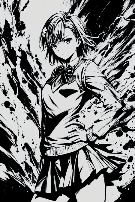 score_9,score_8_up,score_7_up,masterpiece,best quality,
(monochrome,greyscale:1.5),1girl,misaka mikoto,skirt,solo,hair ornament,bow,pleated skirt,looking at viewer,short hair,hand on hip,bowtie,school uniform,tokiwadai school uniform,electricity,long sleeves,bangs,shirt,cowboy shot,closed mouth,hair flower,sweater vest,electrokinesis,black bow,black bowtie,thighs,ink \(medium\),
<lora:okazu_XL_PONY:1>,