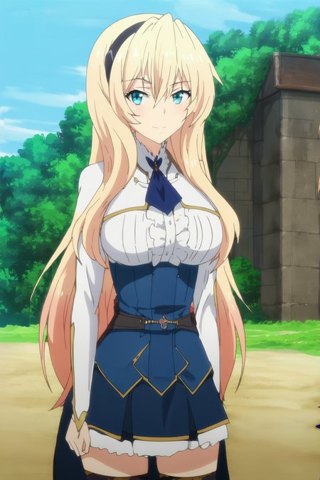 scenery, masterpiece,  best quality, very aesthetic, anime coloring, screencap, anime screencap, masterpiece, detailed face
outside, next to an academy building,
<lora:detailed_backgrounds_v2:.5>,
 <lora:Celistia_Ralgris_Undefeated_Bahamut_Chronicle_-_Pony:1>1girl, solo, mature girl, girl is 18-years-old blonde hair, long hair, hair between eyes, blue (or aqua) eyes, black hairband, large breasts, Celistia uniform outfit, ascot, long sleeves, skirt, zettai ryouiki, black thighhighs,
cowboy shot, confident smile, looking at the viewer