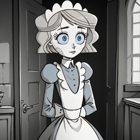 easynegative, Expressiveh, madelinedelaire, score_9, score_7_up, solo, 1girl, emmytr, robot, brown hair, blue eyes, maid uniform, maid headdress, monochrome, manga