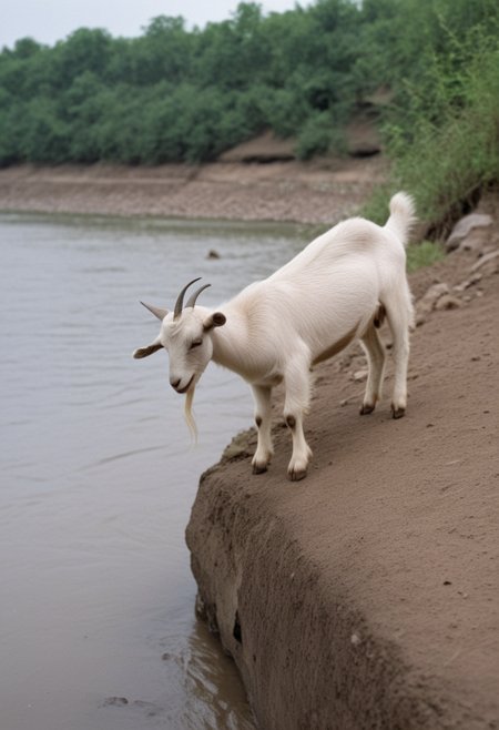 Goat girl playing on the bank of the river