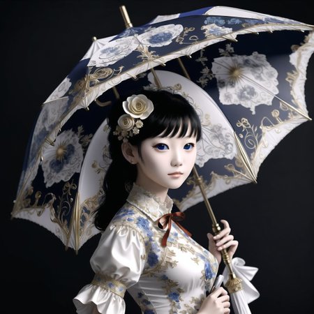 <lora:porcelain_gzhel:1.0>,  (porcelain, Gzhel, rococo:1.0), eyes, gap, hat, long hair, parasol, ribbon, umbrella, ribbons