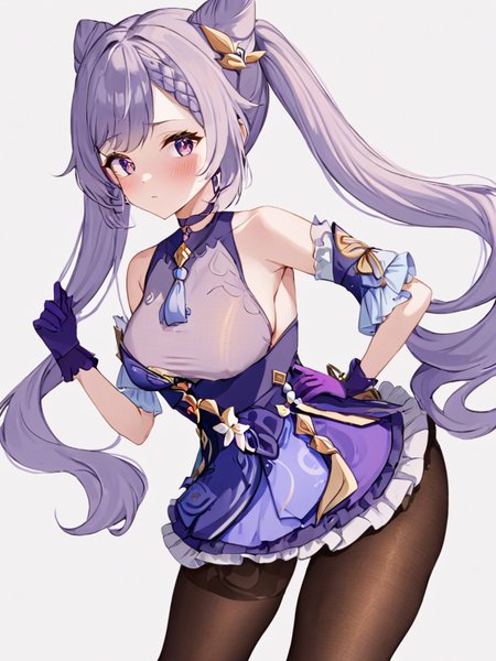 <lora:keqing3:1>,guanfu, 1girl, keqing (genshin impact), solo, gloves, twintails, purple hair, hair bun, pantyhose, looking at viewer, hair ornament, long hair, white background, cone hair bun, breasts, simple background, purple eyes, bare shoulders, detached sleeves, neck tassel, jewelry, skirt, dress, earrings, bangs, braid, blush, frills, cowboy shot, black pantyhose, brown pantyhose, frilled skirt, choker, closed mouth, double bun, purple gloves, medium breasts, hand on hip