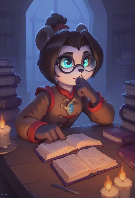 score_9, score_8_up, score_7_up, Expressiveh, score_9,score_8_up,score_7_up,very aesthetic ,(masterpiece:1.4), (best quality), (colorful), (detailed), cinematic lighting, volumetric lighting, lilistormstout, anthro, pandaren, librarian, round glasses, shh,  finger near mouth, "keep quiet",  sitting on a chair, table, candle, dark room, book stack, open mounth, comics, (background: library, night, bookshelves)