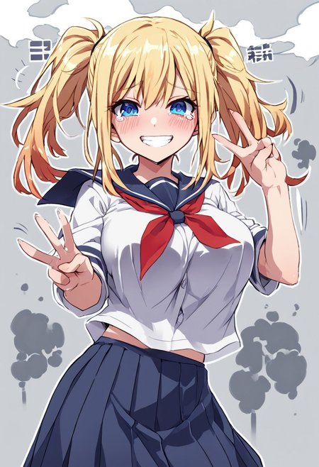 jin, thick outline, source cartoon,
score_9, score_8_up, score_7_up, character portrait, cowboy shot, solo, 1girl, looking at viewer, teary, blond hair, twintails, medium hair, large breasts, white school uniform, skirt, mid movement,
peace, smile, blushing, motion lines, effects, smoke clouds, pose, dynamic pose,