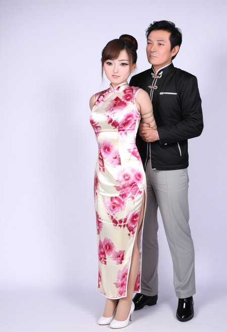 full body,1girl and 1boy,girl's hair bun,  ((girl Orgasm look:1.2)), girl's arms behind back,rope bound girl's arms,girl's long pink silk cheongsam,girl's breasts apart,girl's large breasts,girl's small waist,girl's great hips,((The boy stood behind the girl)),((The boy tied the girl's arm with a rope)),The boy wore a black jacket and grey trousers