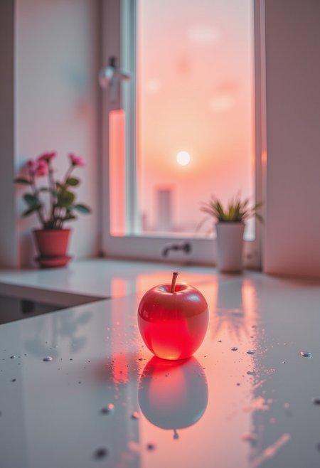 neon-mist,aidmaGlow,
"A single red apple on a white table, illuminated by soft morning light coming through a window."