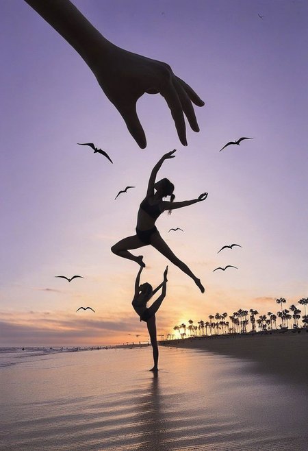 F-B-C, POV, silouhette, foreground: pincer fingers  , background: a woman doing a yoga figure on the beach with one leg raised  , effect: fingers pull woman's leg up