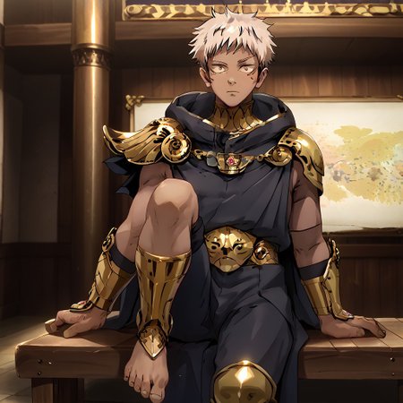 source_anime, anime screenshot, anime colouring, (High Resolution), (More Details), (8K), (High Resolution), ((4k,8k,Ultra HD)),((Masterpiece :1.2)),((Best quality :1.2)),((Detailed :1.5)),((Detailed background :1.5)),highly detailed, intricately detailed illustration,  Palace background, indoors, solo, 1male, Dark skin, white hair, yellow eyes, male focus, black cloak, black pants, barefoot, 5 toes, leg armor, gold leg armor, shin armor, shoeless leg armor, itadori yuuji, itadori_facial mark, leg armor, gold leg armor, shin armor, shoeless leg armor, sitting on bench, feet, soles