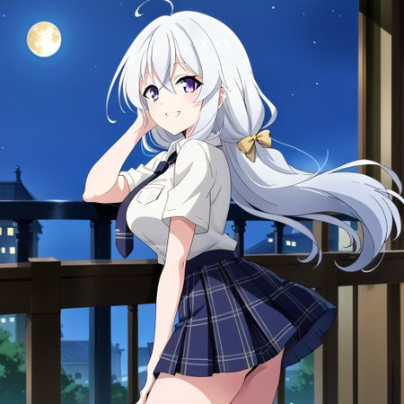 (score_9:0.9),score_8_up,score_7_up,rating_safe,anime style,(zPDXL),masterpiece, anime coloring) rating_safe, anime style, anime_screencap, source_anime,
BREAK source_anime, anime, best quality, masterpiece, rating_safe, uncensored, High quality, 8k, Ultra, 
BREAK (Balcony, night sky, moon, wind),
BREAK  1girl, Elaina (Majo no Tabitabi), long hair, hair between_eyes, blue eyes, purple eyes, white hair, ahoge, braid,
hud_schgrl, white collared shirt, necktie, plaid pleated skirt,
BREAK  ((cowboy shot)),(looking back),(hand in own hair),(hand between legs),(from back),
busty breasts,
(medium breasts:1.2),looking at viewer, smile,