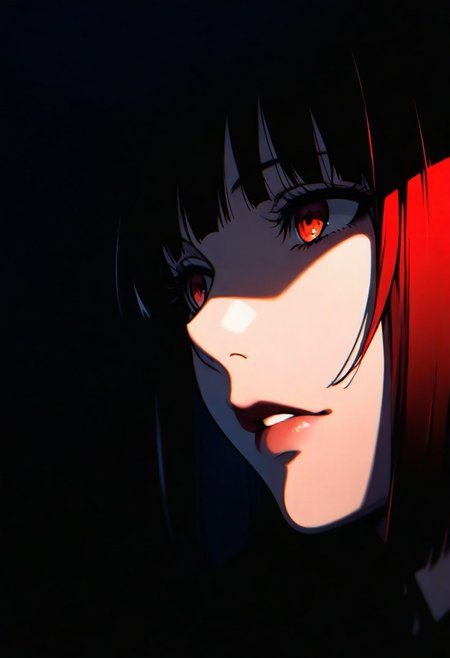 1girl, jabami yumeko, solo, dark, light, masterpiece, best quality, very aesthetic, close up,  parted lips
