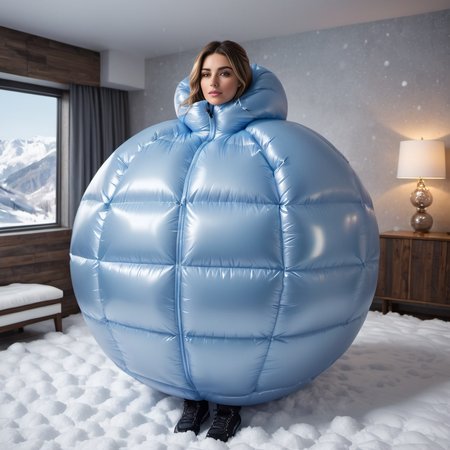 one cute american women wearing a large inflatable spherical downsuit puffer_downsuit , hyperdetailed photography,4k textures,intricate details,4k resolution,  <lora:puffer_downsuit_v1:0.4>, snow bedroom scene
 <lora:inflatablerubber:0.4>