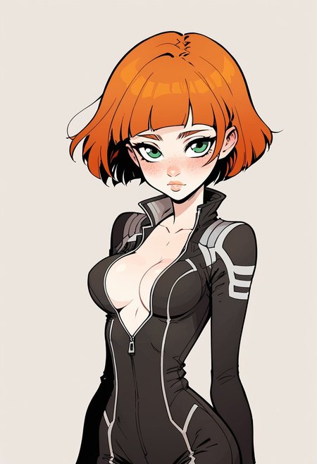 score_9, score_8_up, score_7_up, anime style, 
((one girl)), small stature, thin body, fragile thin body, ginger hair, bob cut, freckled face and body, little round face, big eyes, green eyes, small mouth, thin lips, thin black coloured eyebrows, blush, makeup, small breasts, thin waist, narrow hips, white skin, round breasts, breasts together, cleavage, break, ((sexy jumpsuit))), break, (dynamic pose), break, ((portrait, closeup)), break, (simple background),