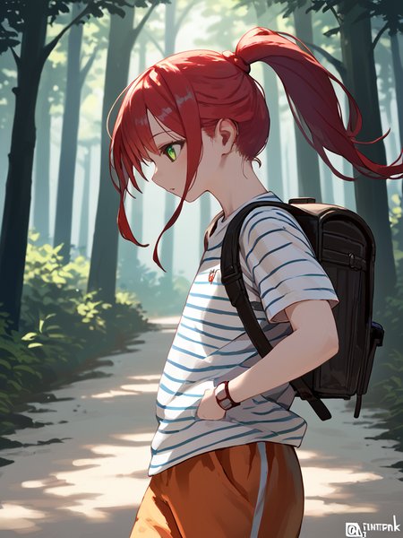PDXL, <lora:JonsunV1:1>, j0nsun
1girl, cute face, detailed eyes, walking through a forest, long red hair in a ponytail, black sclera, green eyes, backpack, red white striped shirt, orange shorts, viewed from side