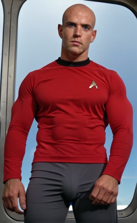 1boy, 20 year old male, Handsome, masculine, blonde, star trek, red shirt, muscle,  tall, tight shirt, wide pectorals, big shoulders, wide shoulders, muscular neck, German, standing at attention, bald, big pale blue eyes, abs, biceps, serious facial expression, phaser, hand, long bulge in his pants, ((((view from below)))),
1960 black dress pants, pants,
stunf, star trek uniform, uss enterprise ncc-1701 interior background, star trek, space ship interior, 1960s TV,