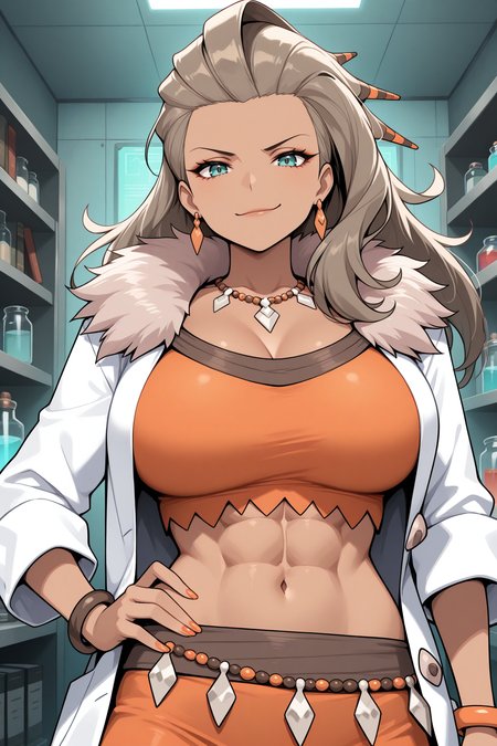 masterpiece, best quality, 1girl, solo,  <lora:sada-illu-nvwls-v1-000006:1> prfsd, dark-skinned female, light brown hair, hair slicked back, long hair, hair ornament, aqua eyes, orange nails, earrings, beads, necklace, orange crop top, bracelet, lab coat, fur trim, large breasts, looking at viewer, smirk, looking at viewer, smile, closed mouth, upper body, laboratory, bookshelf, abs, hand on hip, belt