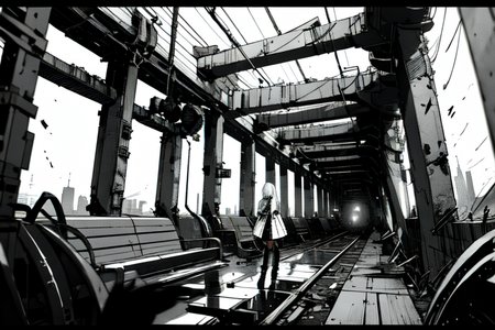 highly insanely detailed, masterpiece, top quality, best quality, highres, 4k, 8k, RAW photo, (very aesthetic, beautiful and aesthetic),  
tsutomu nihei,nihei_tsutomu,blame!,blame gakuen!,abara,TNstyle,sidonia_no_kishi,(tunnel,city ruins,hangar,megastructure in background,lab,giant room,deep horizon),drainpipe,lantern,cables,tubes,industrial pipes,buildings,bridge,light particles,bones,machinery,fence,dark sky,black sky,tentacles,steam,fog,dome,air conditioner,ventilation fan,ventilation shaft,gauna,gauna mech,wire,letterboxed,concrete walls,metal walls,star \(sky\),starry sky,clouds,walkway,toha heavy industries,dystopia,destroyed, 
<lora:ABARA:0.6>, 
(1girl:1.3), 
solo focus, 
Metro,carriage,subway,subway interior,window,âââ