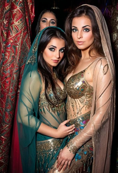 Harem of extraordinarily beautiful, ladies,  belly dancers,  Veiled with sheer silks vintage, , magical, alluring, sultry,  eye catching, bright, OverallDetail, Magical  background fantasy, perfect faces and eyes, hyper-detailed hypermaximalist dynamic style